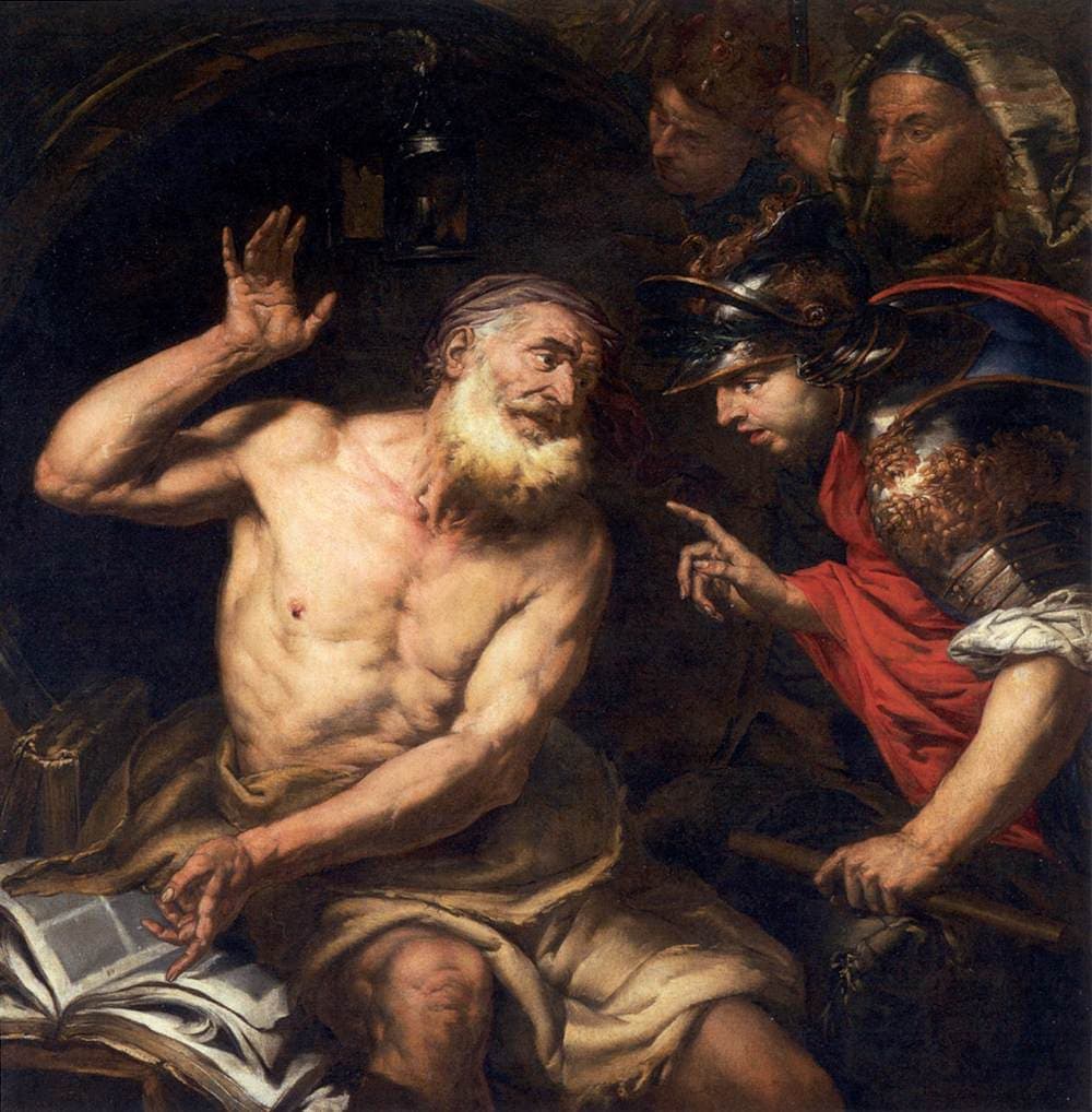 A dark seventeenth-century painting of Diogenes seated, looking up at the armoured figure of Alexander.
