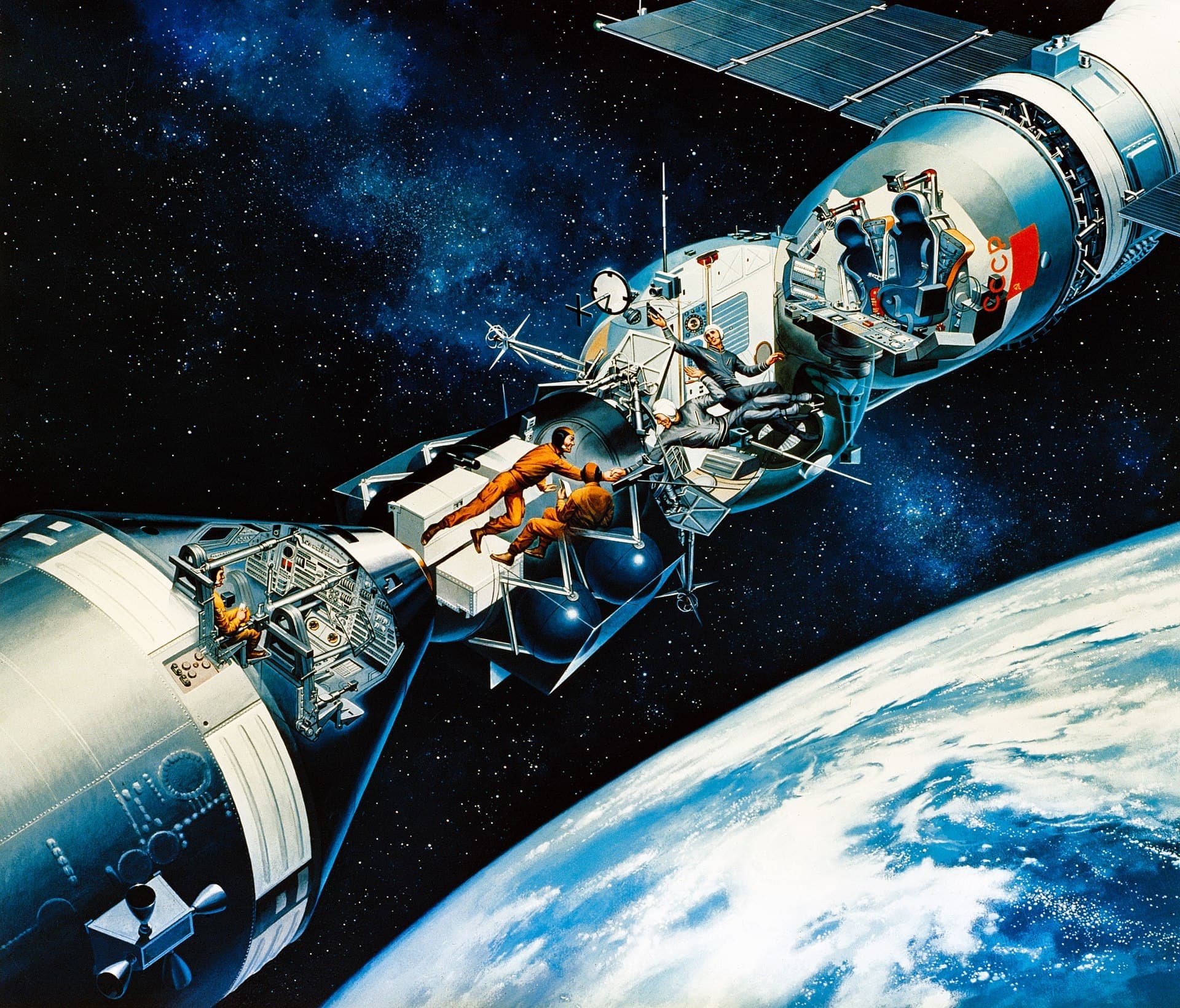 Artist's concept of the Apollo and Soyuz spacecraft docked together in orbit, joined by the cylindrical docking module.