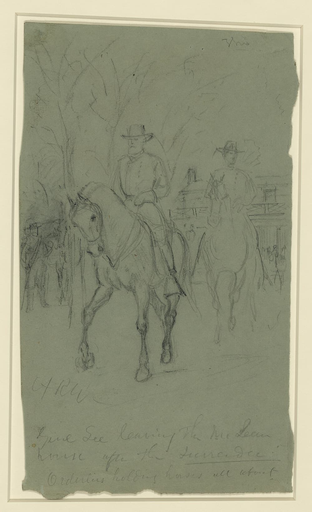 Alfred Waud's field sketch of General Lee leaving the McLean house after the surrender.