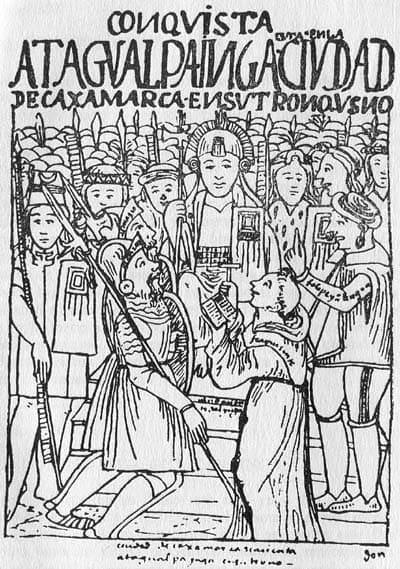 A line drawing from Guaman Poma's chronicle showing Atahualpa on his litter facing Pizarro's party.