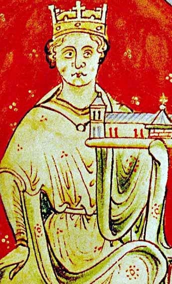 A painted portrait of King John of England, crowned and holding a model church.