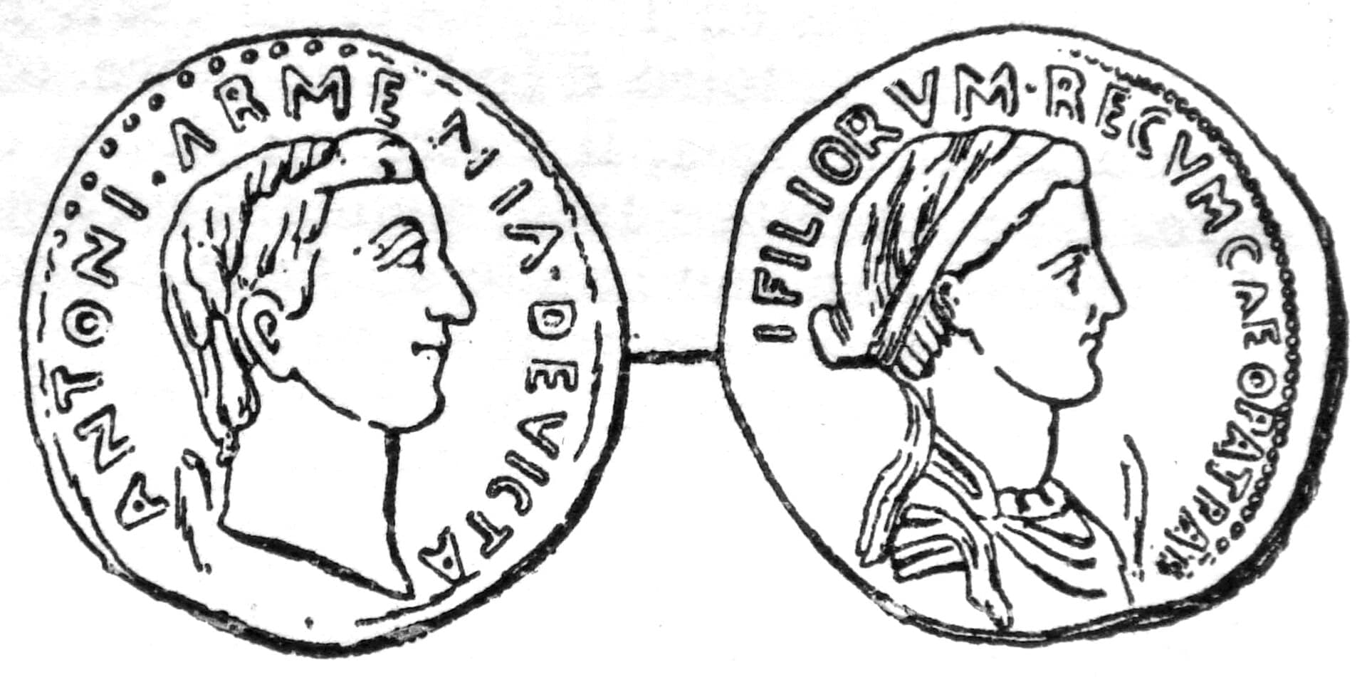 A silver denarius of about 32 BCE with the portraits of Mark Antony and Cleopatra on either face.