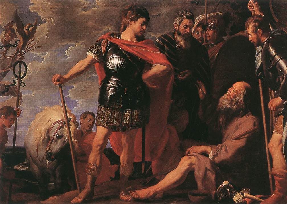 A baroque painting of Alexander the Great standing over Diogenes, who reclines beside his barrel and gestures him aside.