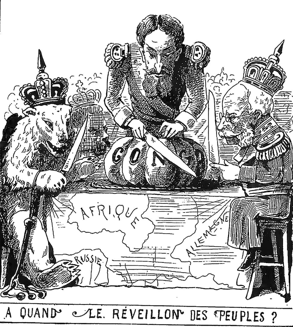 A contemporary cartoon showing European rulers, with Leopold II prominent, carving up a cake marked Africa.