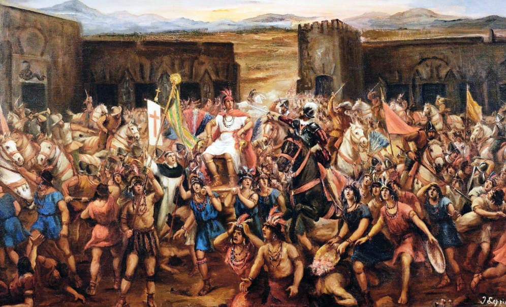 A painting of the capture of Atahualpa: his litter surrounded by Spanish soldiers in the square at Cajamarca.