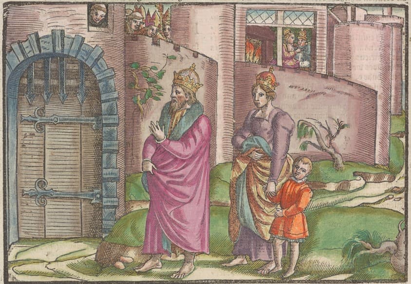 A sixteenth-century woodcut showing Emperor Henry IV and his family standing barefoot in penitential dress before Pope Gregory VII.