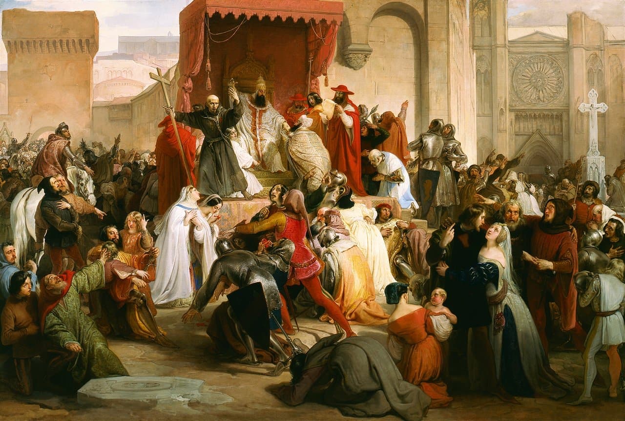 Francesco Hayez's 1835 painting of Urban II preaching the First Crusade to a crowd in the square at Clermont.