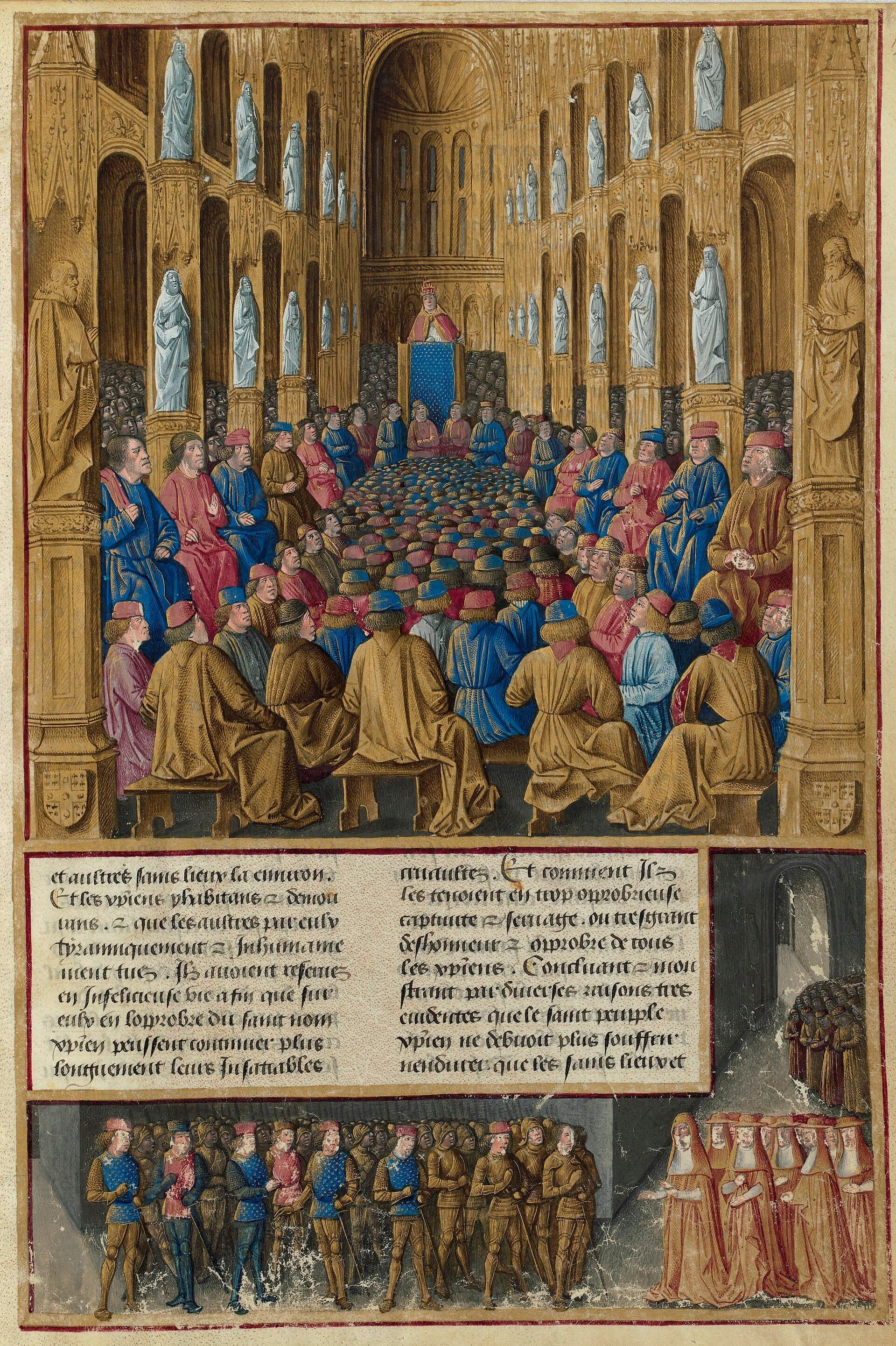 A fifteenth-century illuminated manuscript showing Pope Urban II preaching at the Council of Clermont before a crowd of clergy and armed nobles.