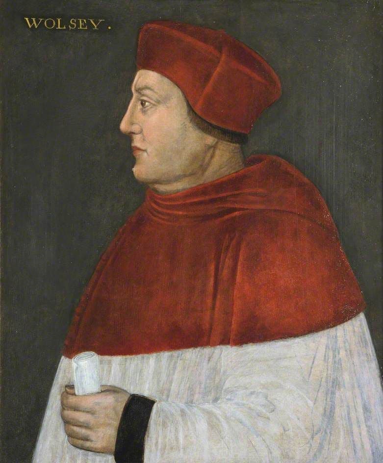 A portrait of Cardinal Thomas Wolsey in red robes, in profile.