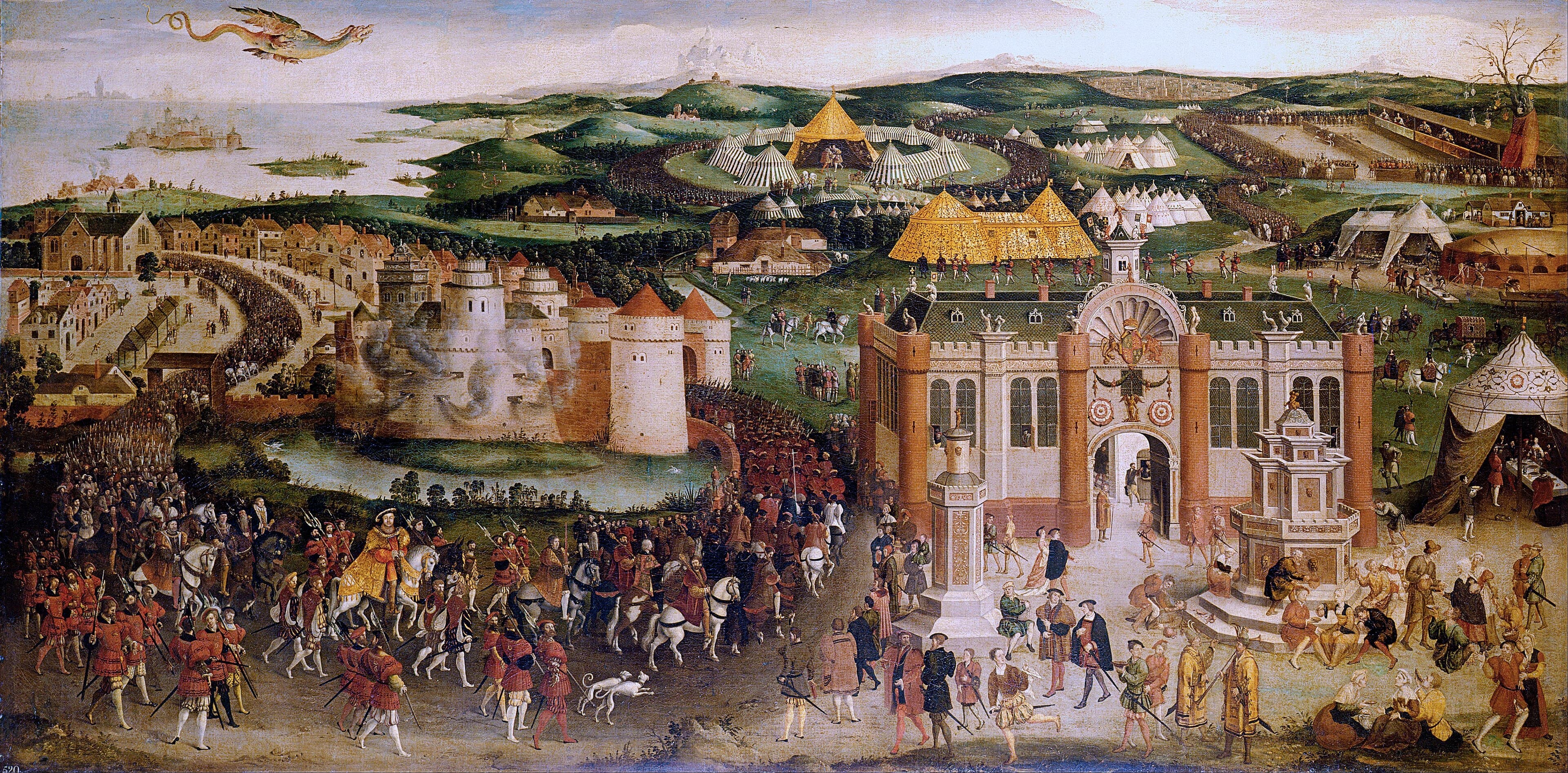 A sixteenth-century painting of the Field of the Cloth of Gold showing Henry VIII's procession, tents, a temporary palace and a tournament ground.
