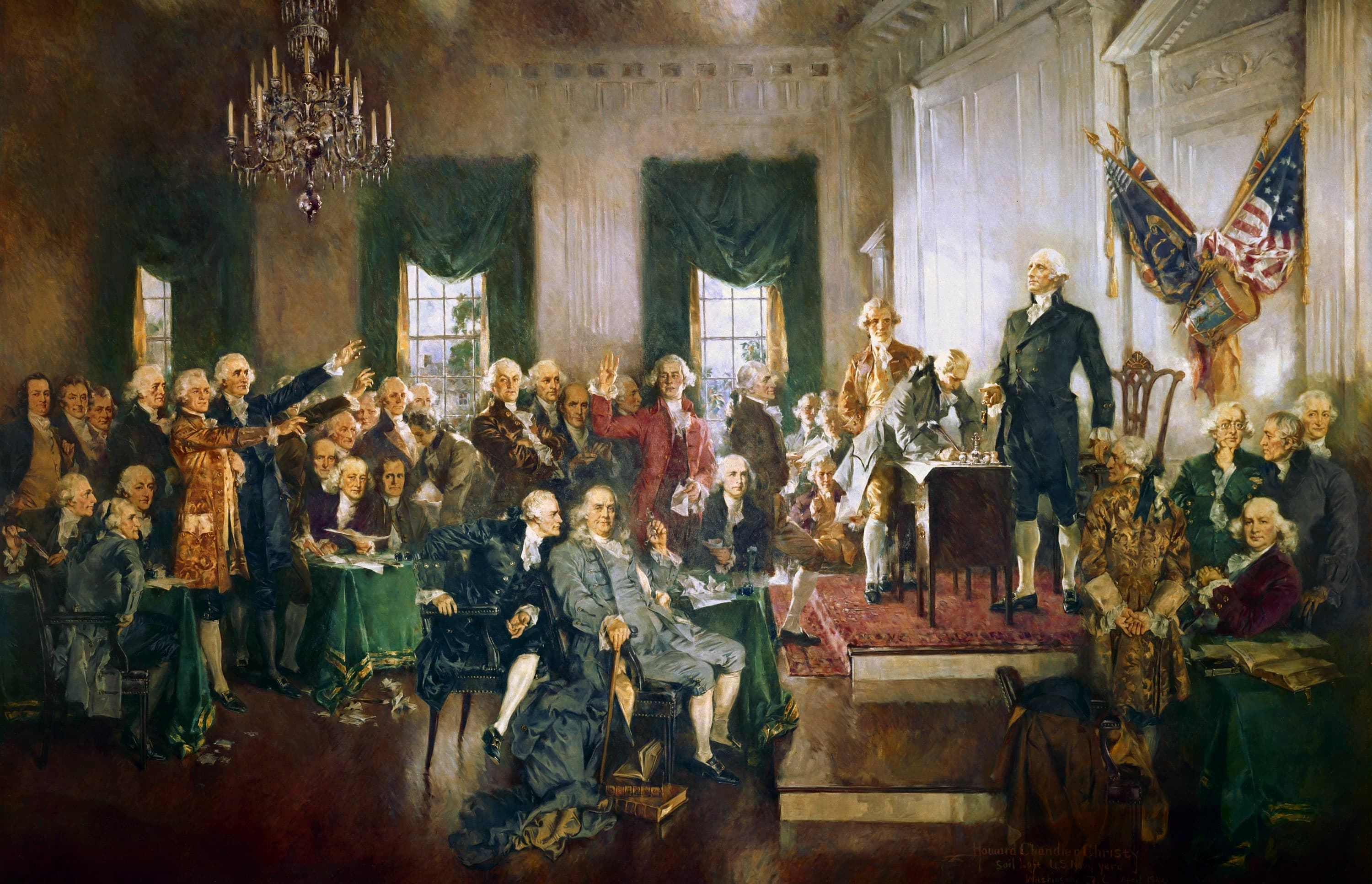 Howard Chandler Christy's painting of the signing of the United States Constitution, showing delegates gathered in the Pennsylvania State House with George Washington standing at the dais.