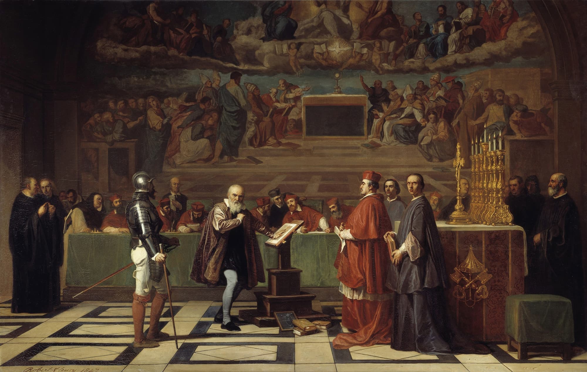 A nineteenth-century painting of Galileo standing before the seated cardinals of the Holy Office.