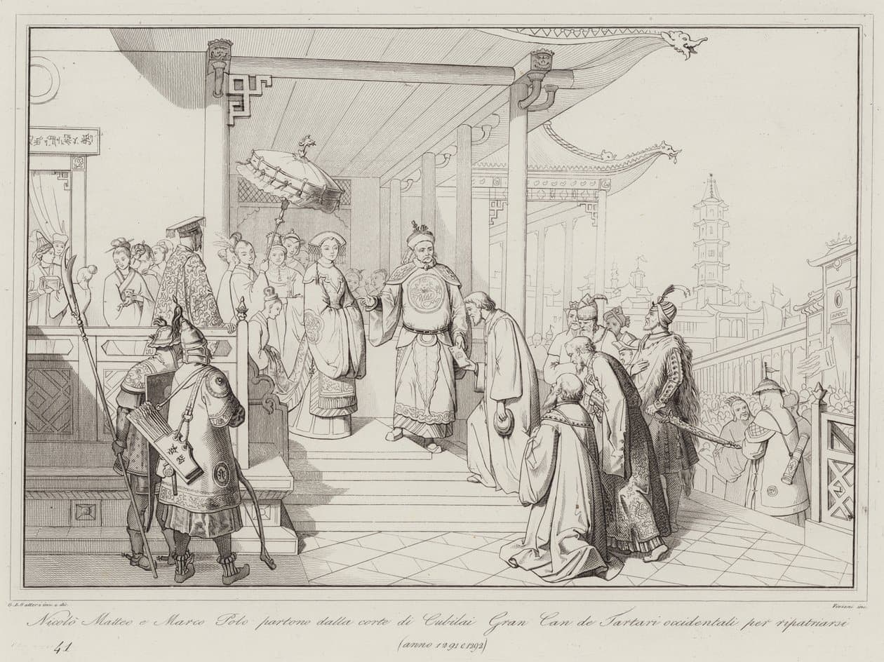 A painting of the Polos taking their leave of the Great Khan's court to return to Venice.