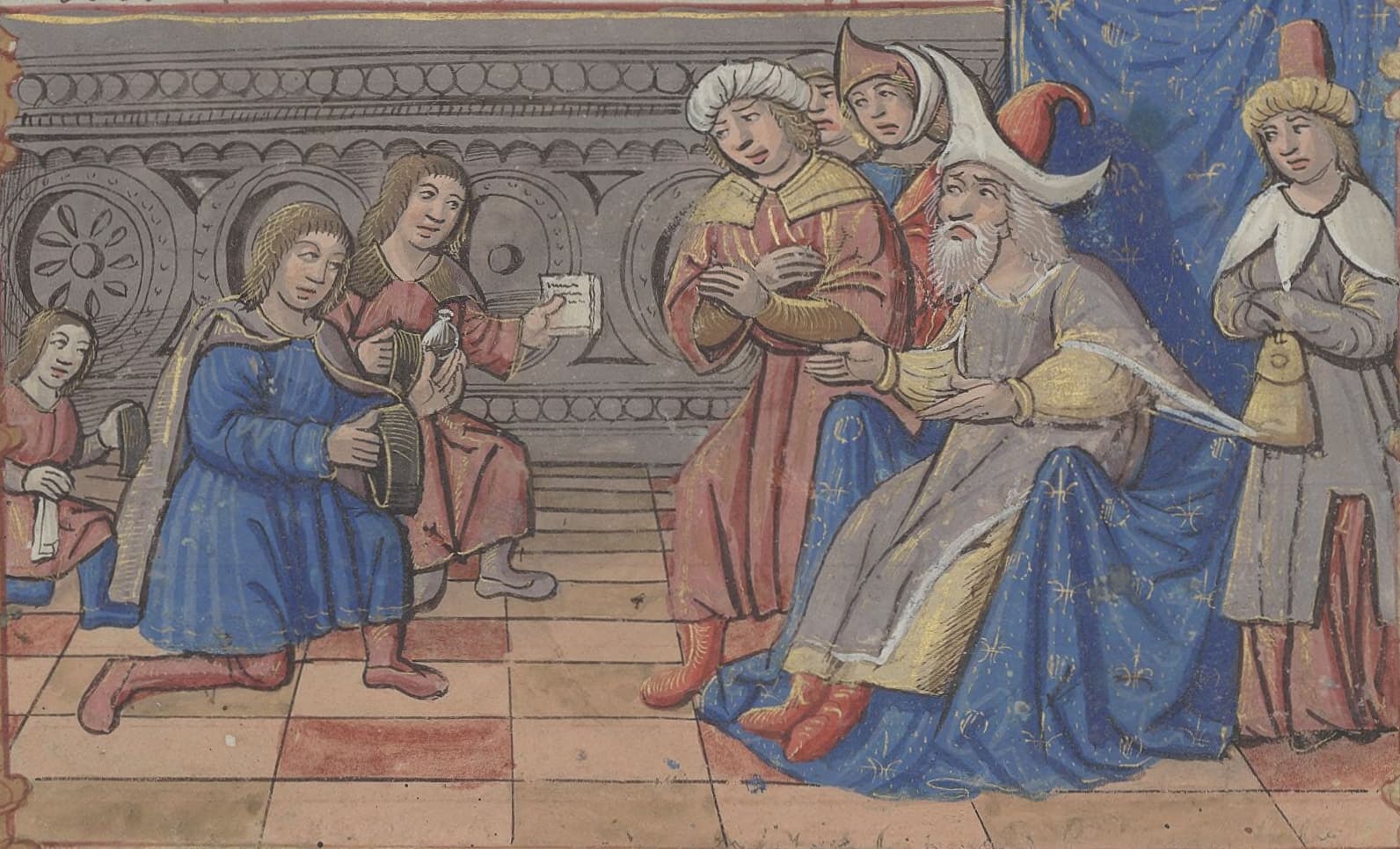 A medieval illumination of Kublai Khan receiving the Polo brothers and Marco at his court.