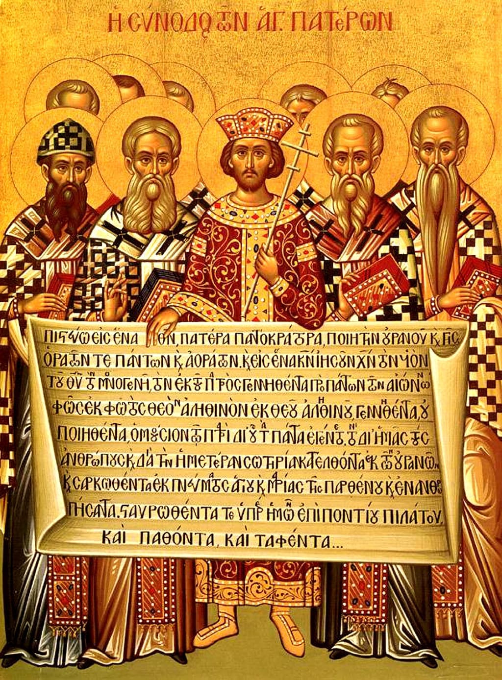 A Byzantine icon depicting the First Council of Nicaea: Constantine and rows of seated bishops holding a scroll bearing the text of the creed.