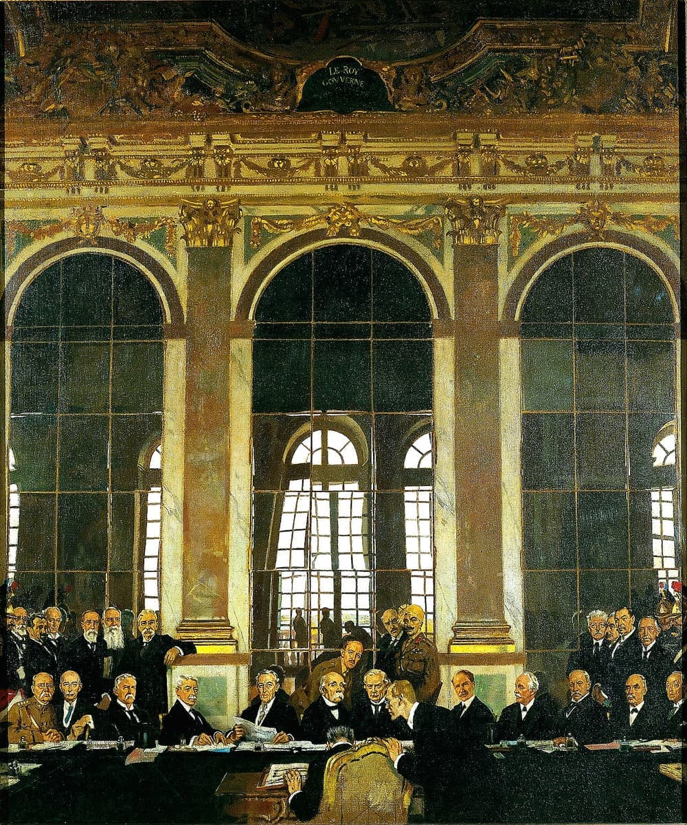 William Orpen's painting of the signing of the Treaty of Versailles in the Hall of Mirrors, with the German delegates at the table.