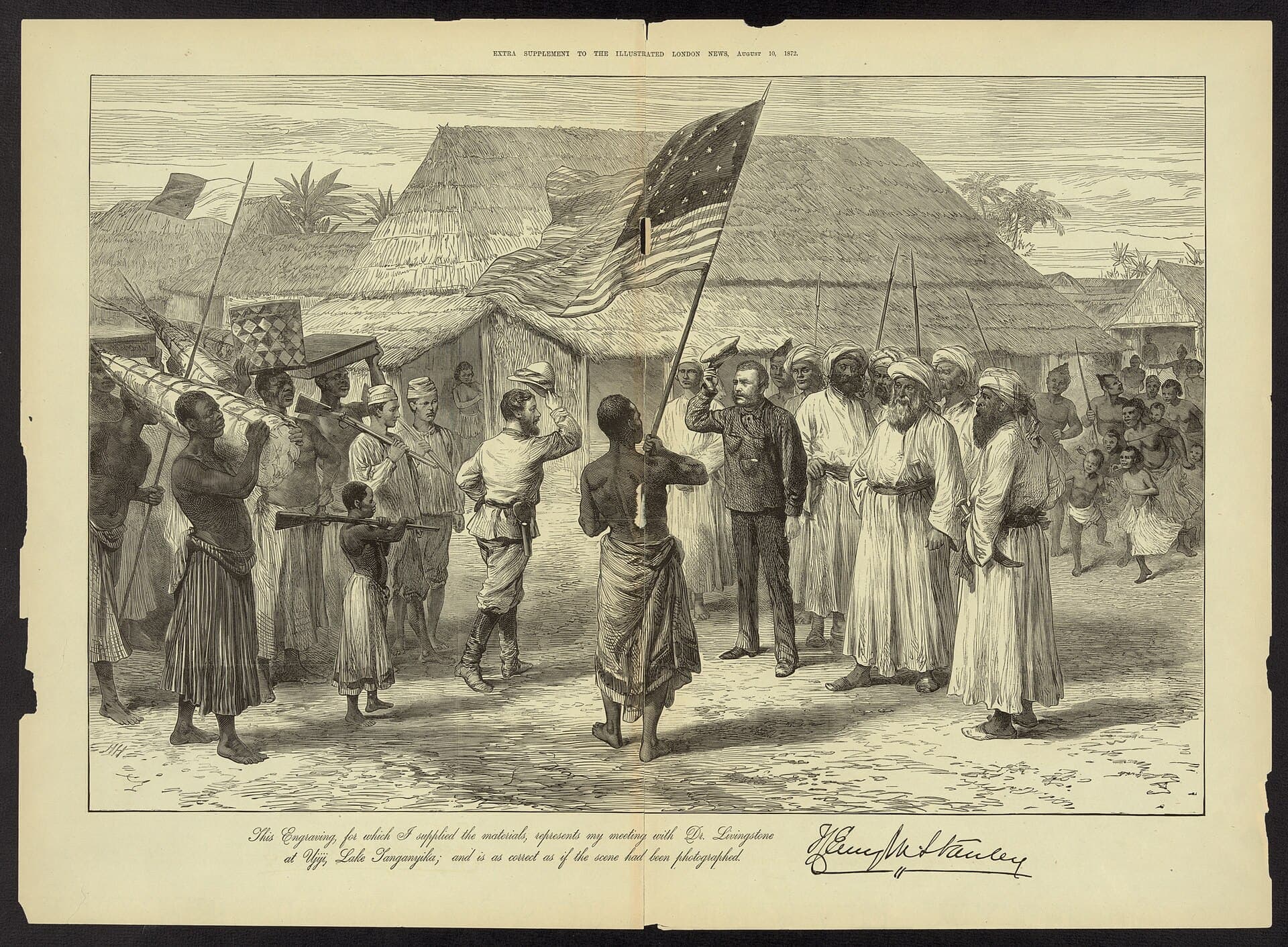 A period illustration of Henry Morton Stanley meeting David Livingstone at Ujiji, the two men greeting each other before assembled onlookers and porters.