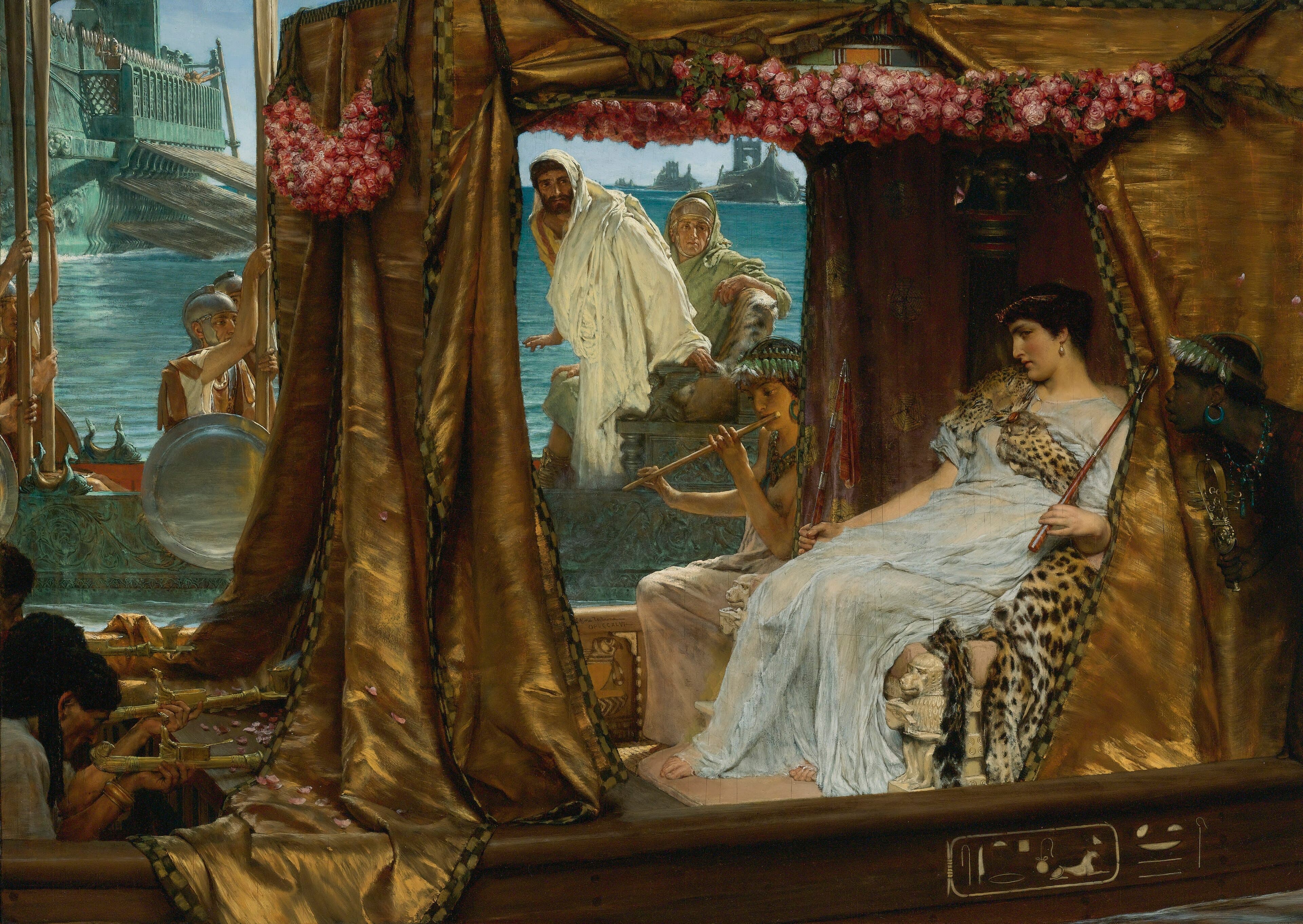 Lawrence Alma-Tadema's painting of the meeting of Antony and Cleopatra: Cleopatra reclining beneath an ornate canopy on her barge, with Antony and his companions approaching from a vessel alongside.