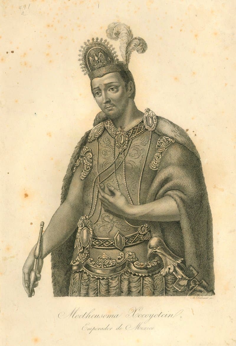 A portrait of Moctezuma II in a feathered cloak, from a colonial-era manuscript.