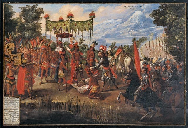An indigenous-made colonial painting of the meeting between Cortés and Moctezuma, with Malintzin interpreting between them.