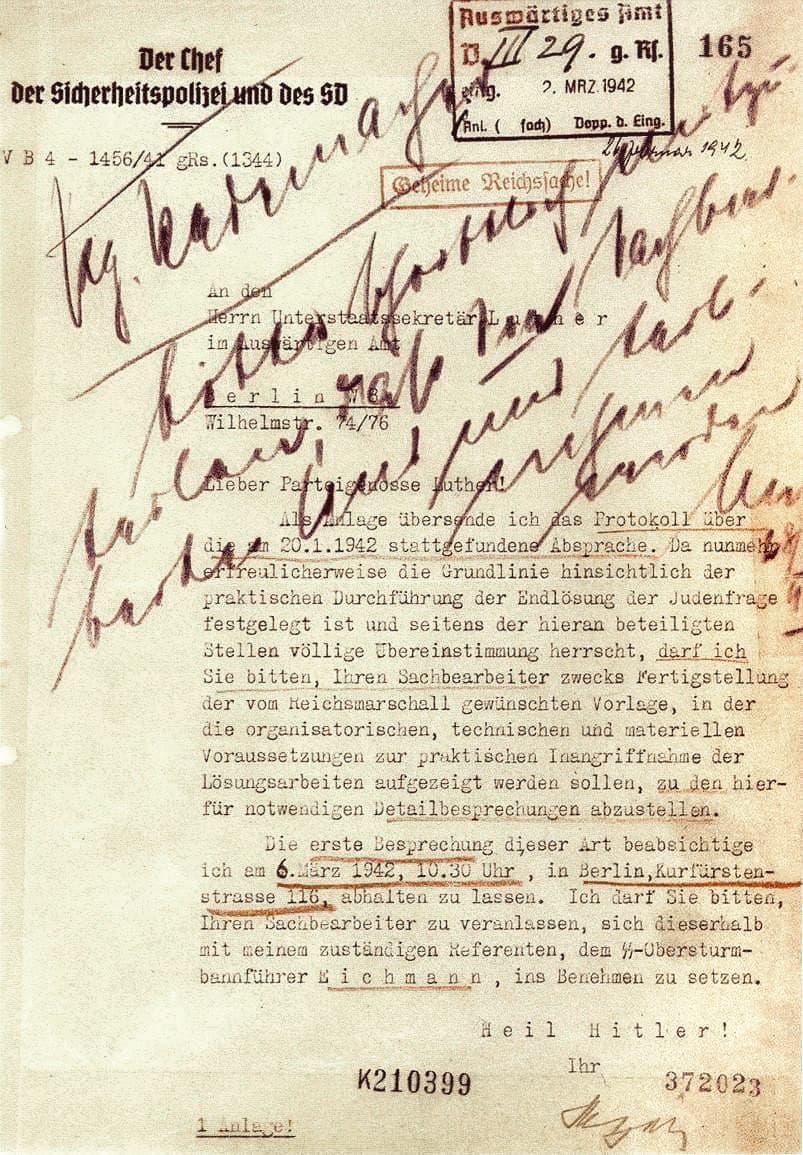 A page of the typed Wannsee Protocol, the surviving minutes of the conference.