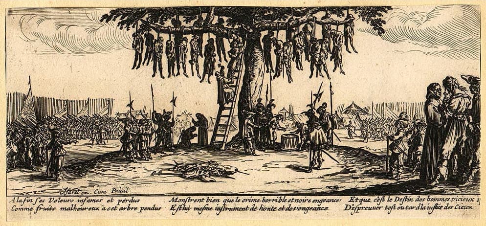 Jacques Callot's etching The Hanging, from The Miseries of War: soldiers hanged in numbers from a single large tree while a crowd looks on.
