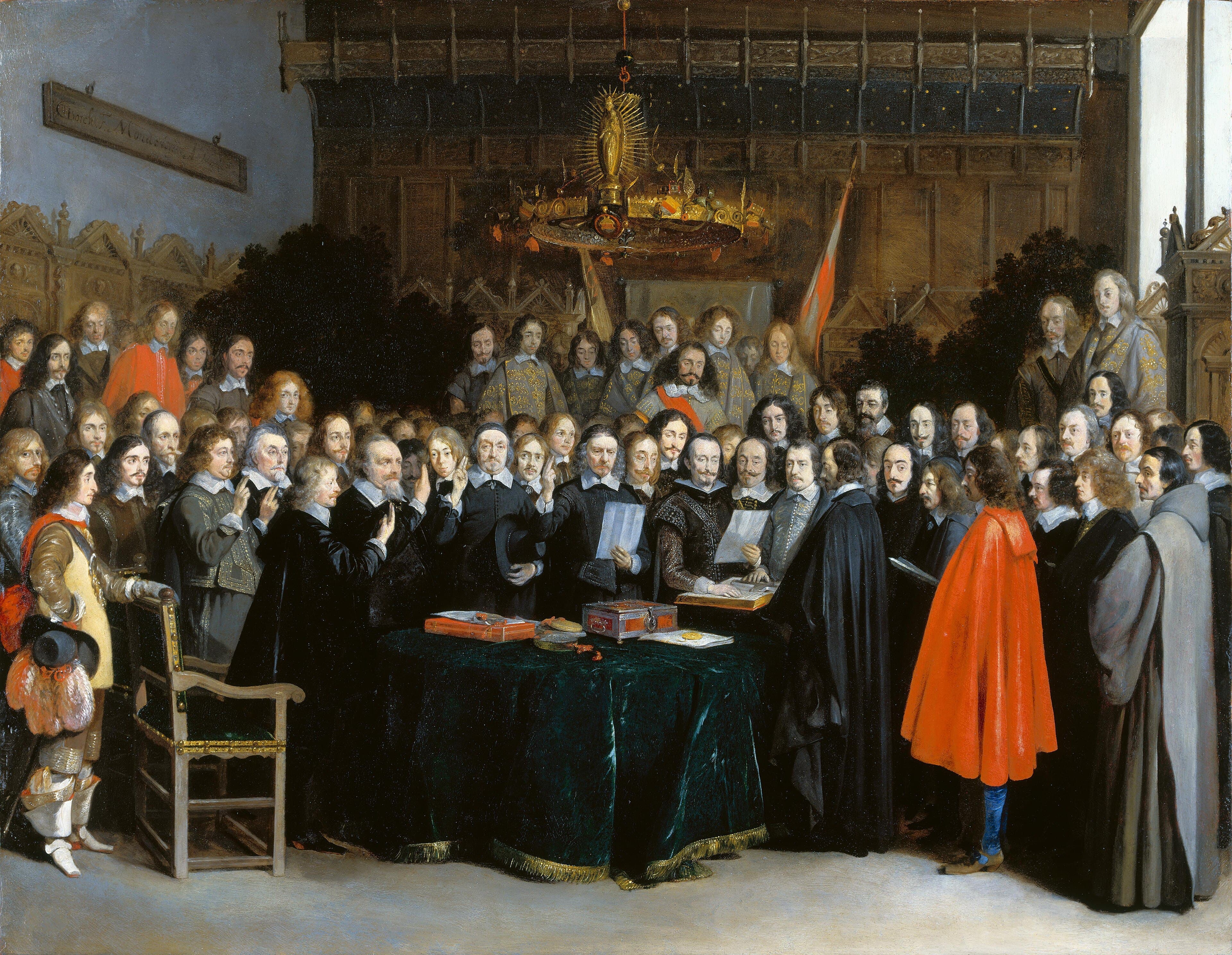 Gerard ter Borch's painting of the ratification of the Treaty of Münster, showing delegates gathered with hands raised in oath around a table.
