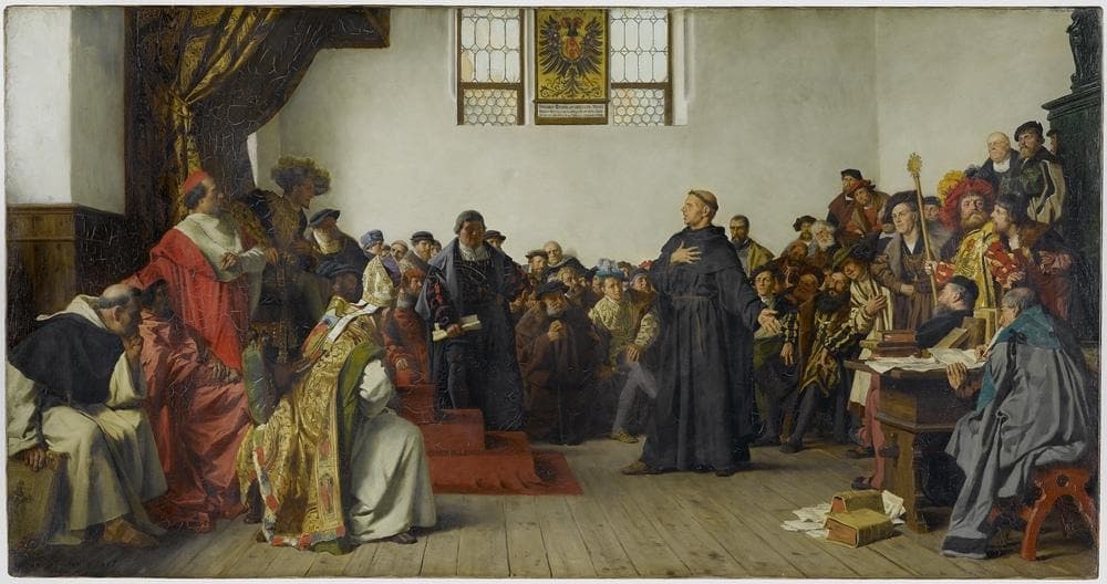 A nineteenth-century painting of Martin Luther standing before Emperor Charles V and the assembled princes at the Diet of Worms.
